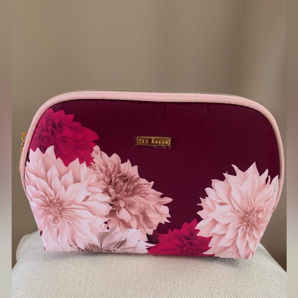 Ted Baker Maroon Floral Zip Cosmetic Case with Pink Trim